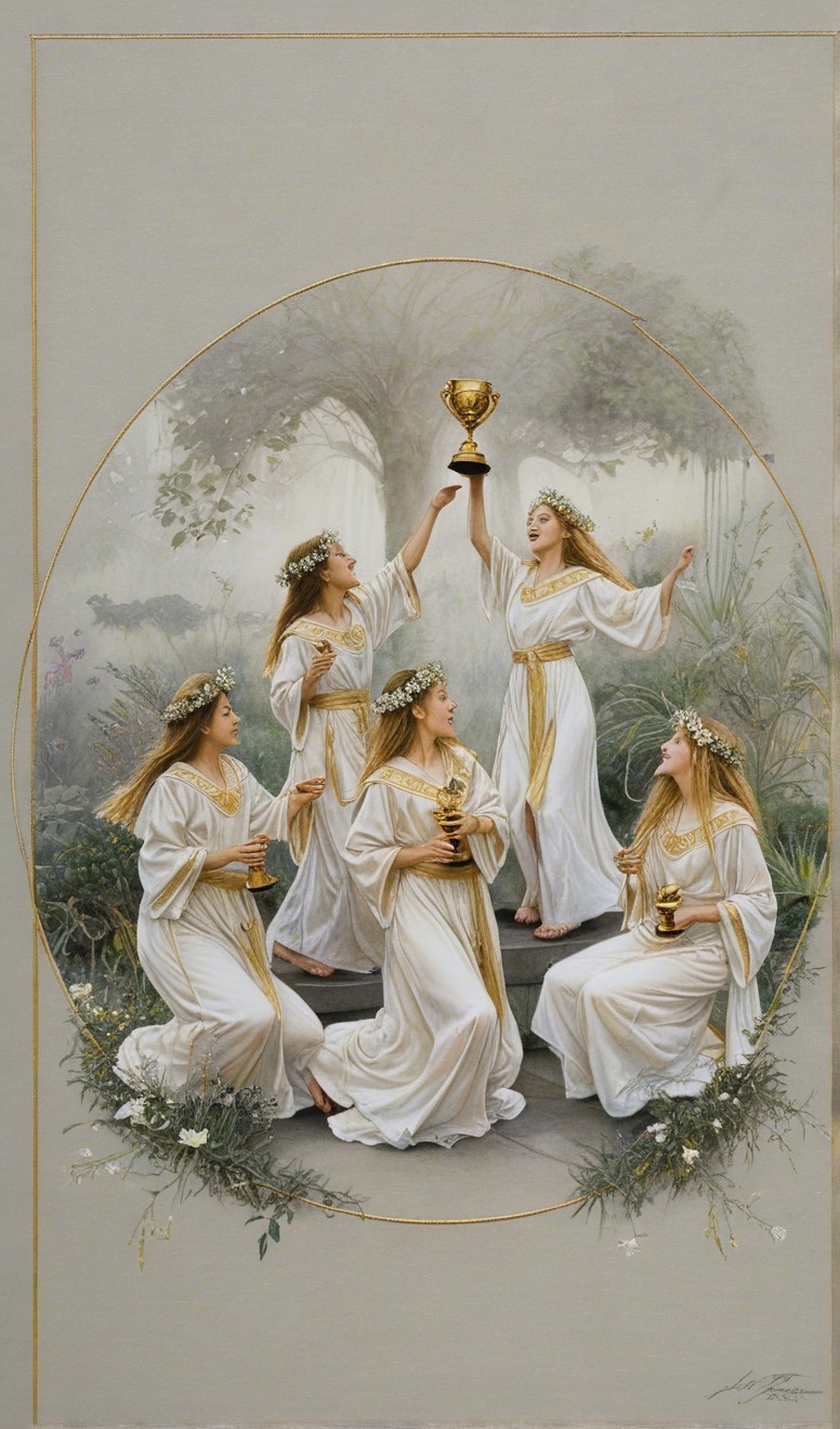 Ethereal Figures in White Garments in Misty Setting