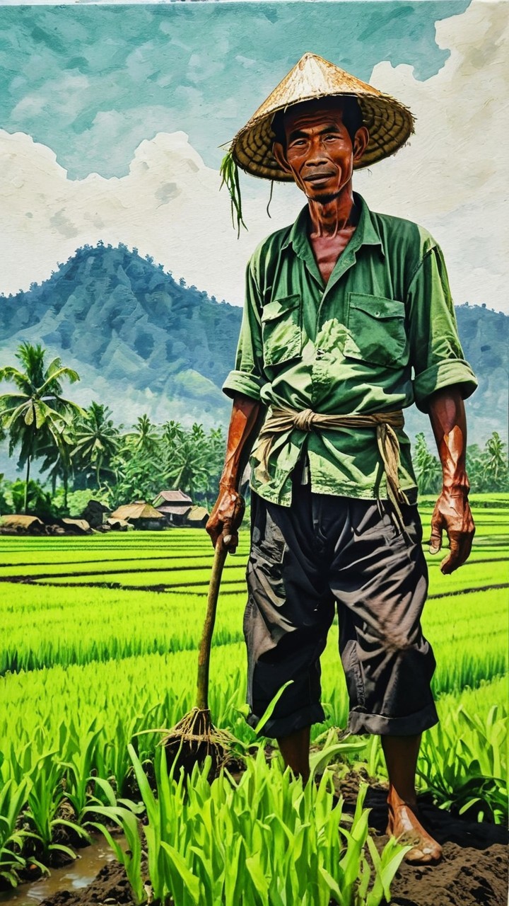 Farmer in Lush Rice Field with Rolling Hills Background