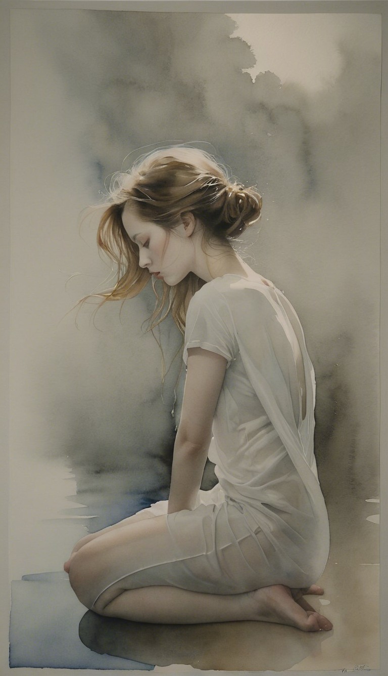 Serene Artwork of Contemplative Young Woman in Watercolor