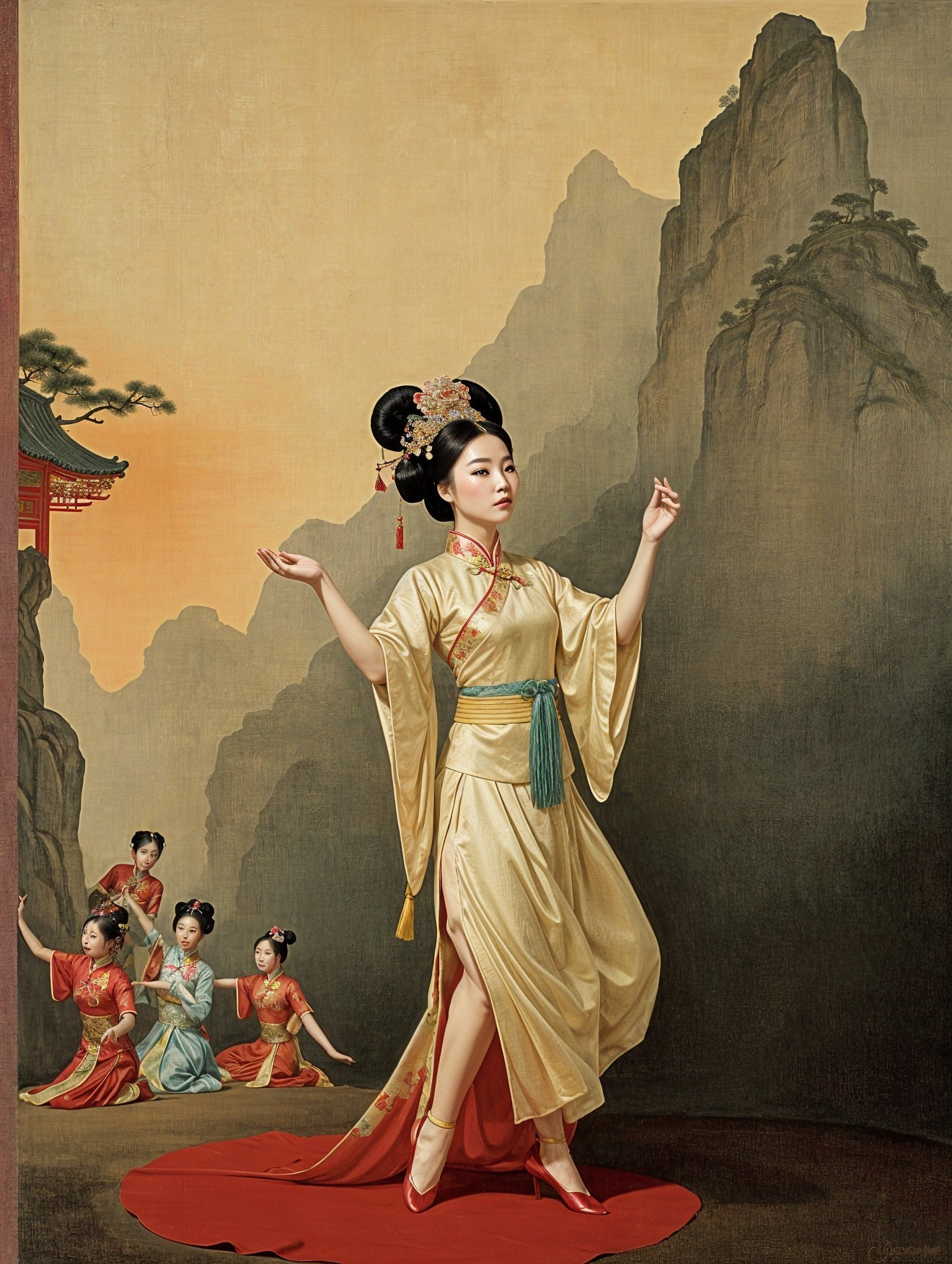 Woman in Gold Kimono Amidst Cultural Celebration