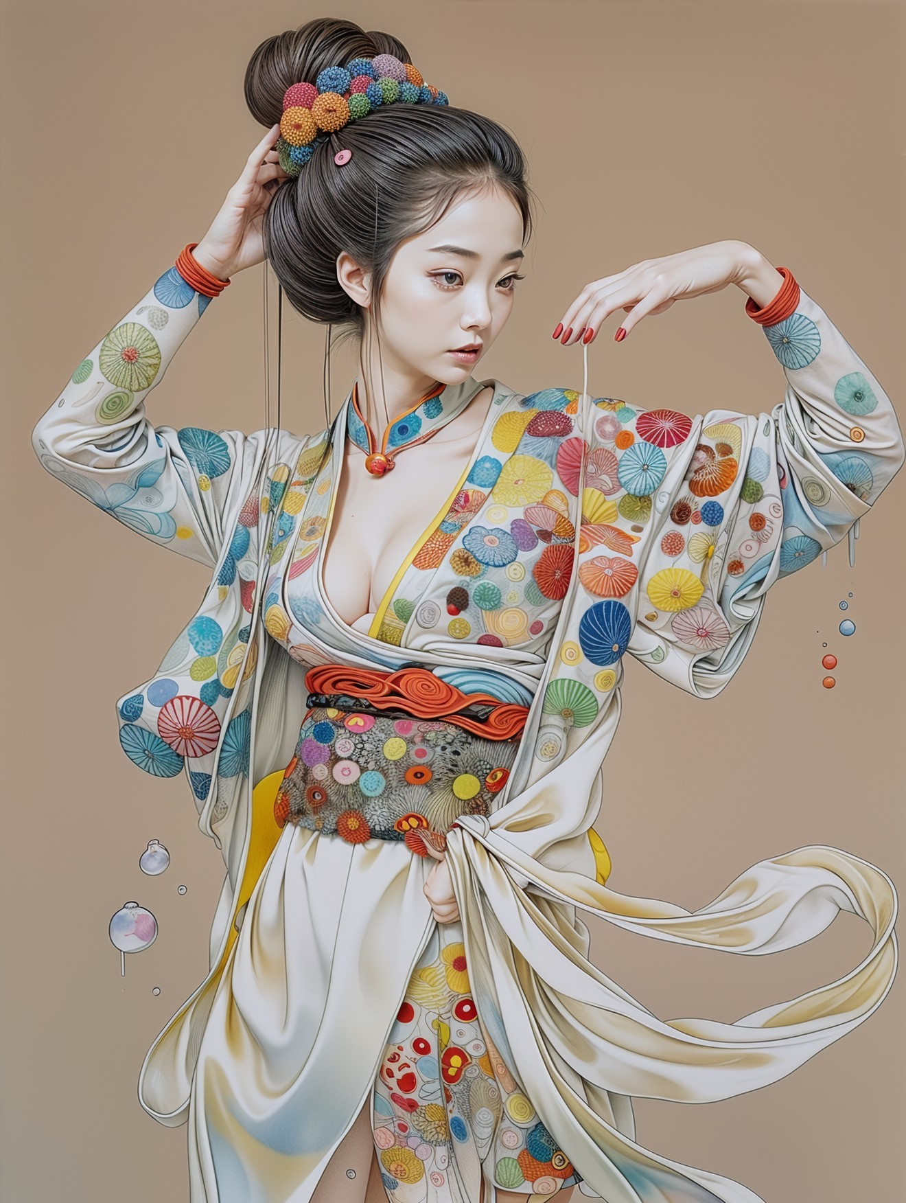Graceful Woman in Colorful Floral Kimono and Jewelry