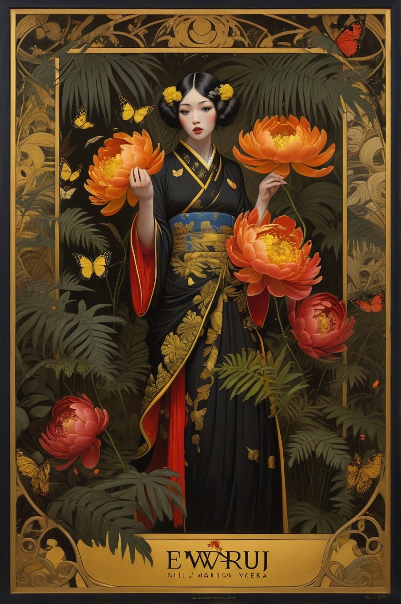 Traditional Black Kimono with Floral Motifs and Butterflies