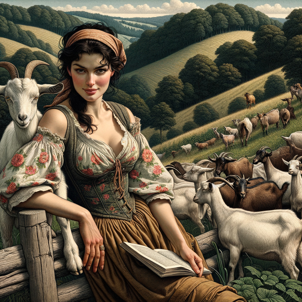 Pastoral Scene with Woman, Goat, and Rolling Hills