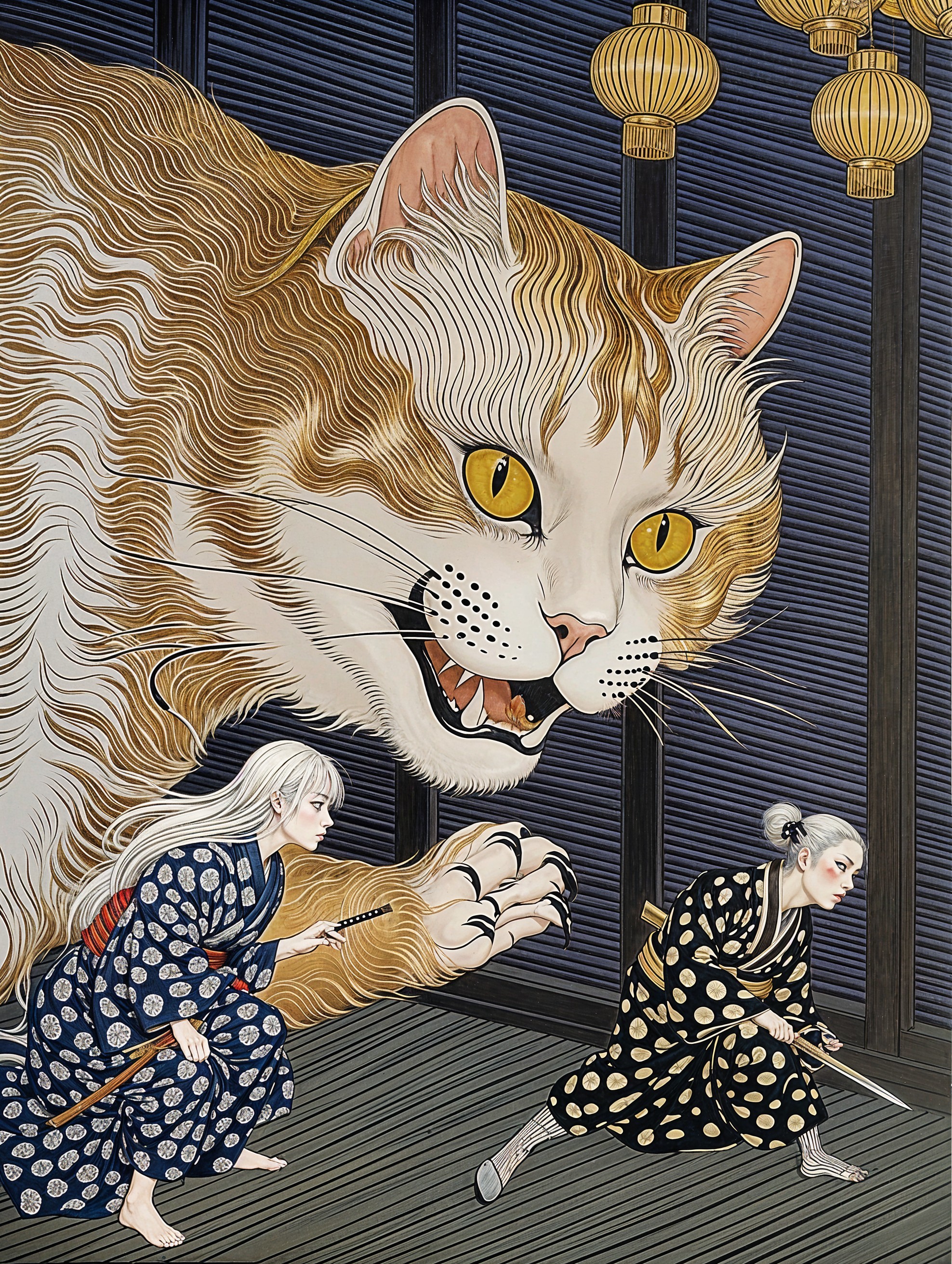 Figures in Traditional Attire with Anthropomorphic Cat