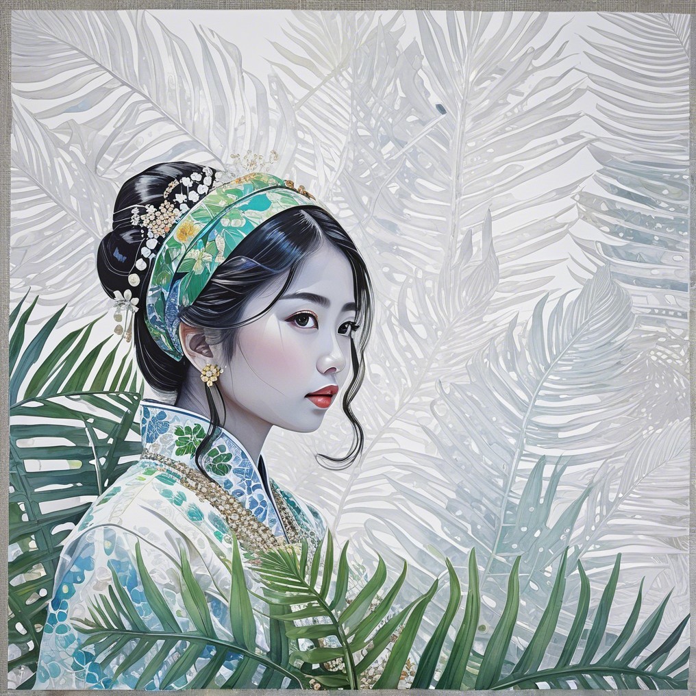 Young Woman in Traditional Outfit Surrounded by Ferns