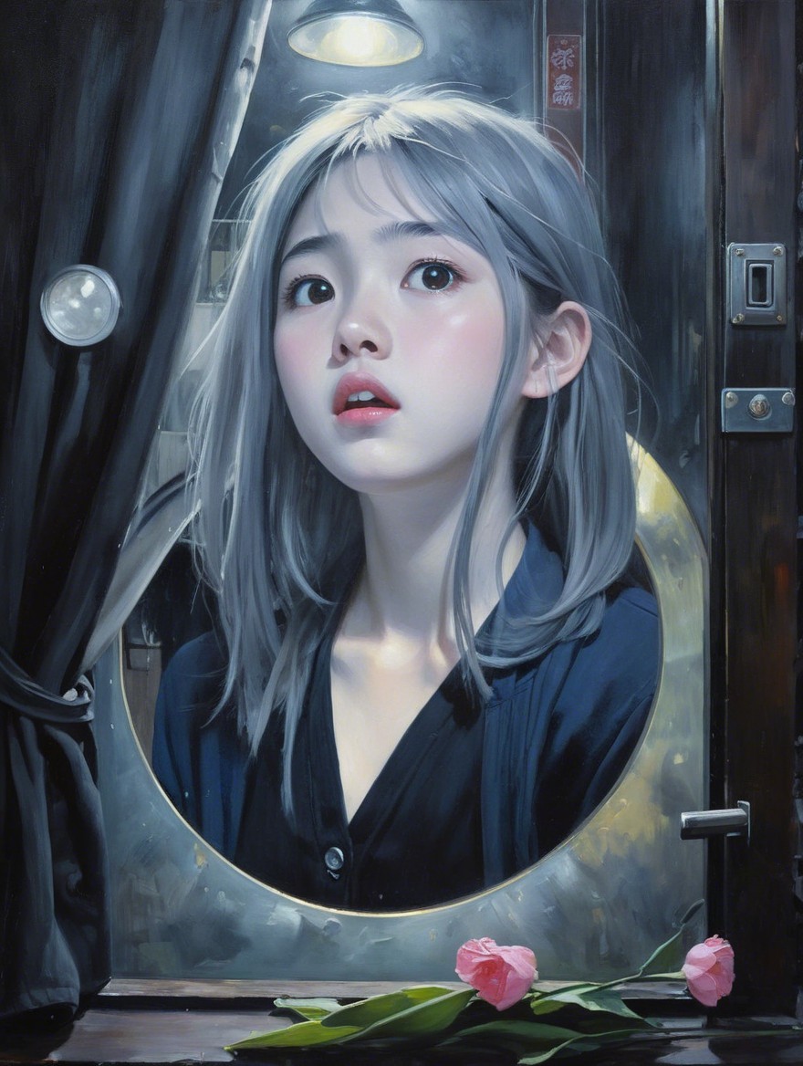 Young girl with silver hair peeking through a mirror