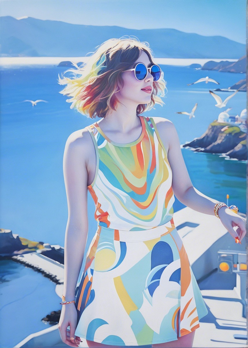 Young Woman by Vibrant Blue Sea in Colorful Outfit