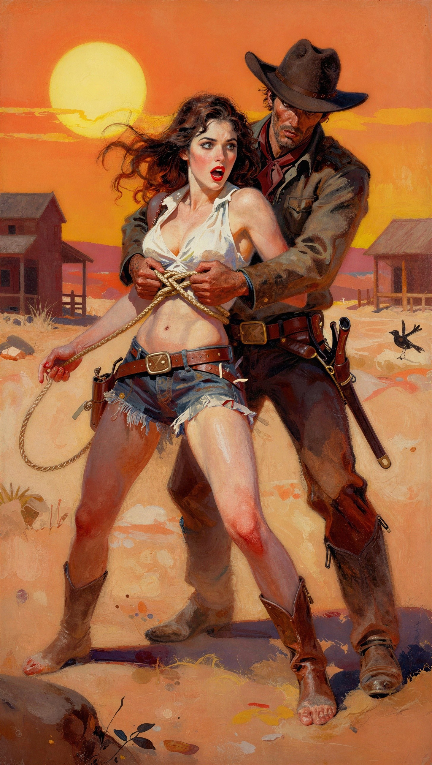 Cowboy and Woman in Desert Scene with Sunset Background
