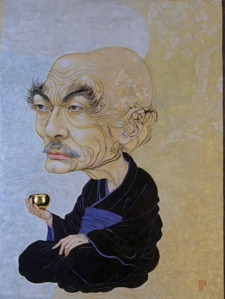 Portrait of a Bald Man in Dark Robe with Floral Background