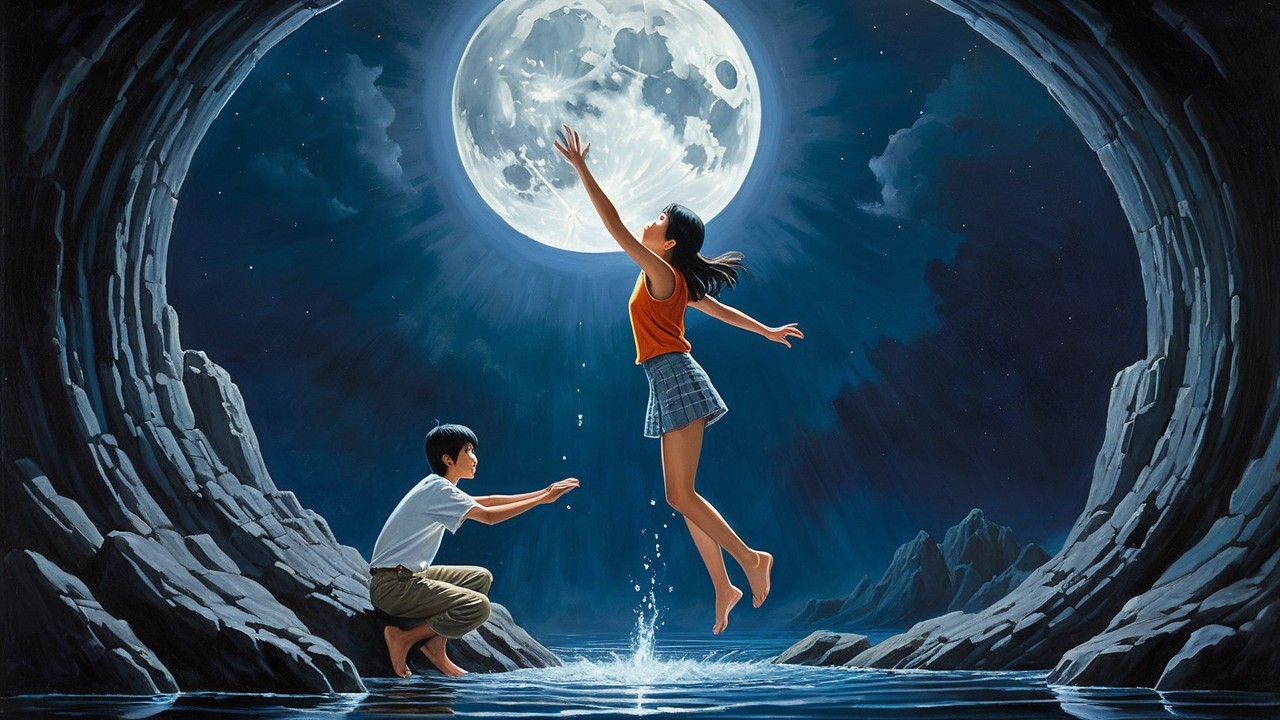 Mystical Scene of Floating Girl and Kneeling Boy