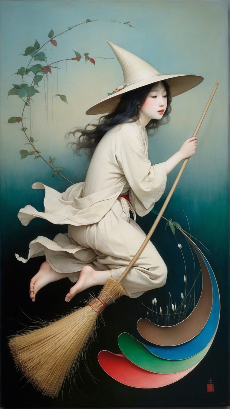 Young girl riding broom in whimsical, magical setting