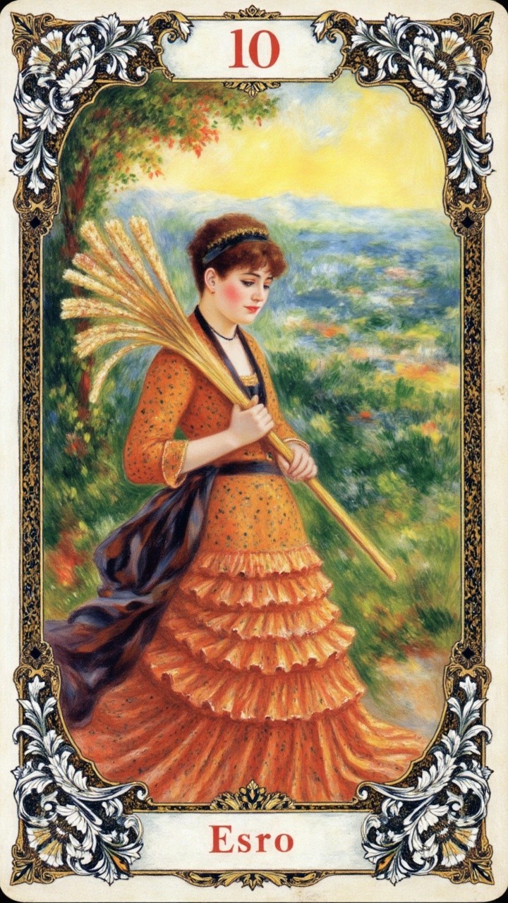 Woman in Orange Dress with Wheat in Scenic Landscape