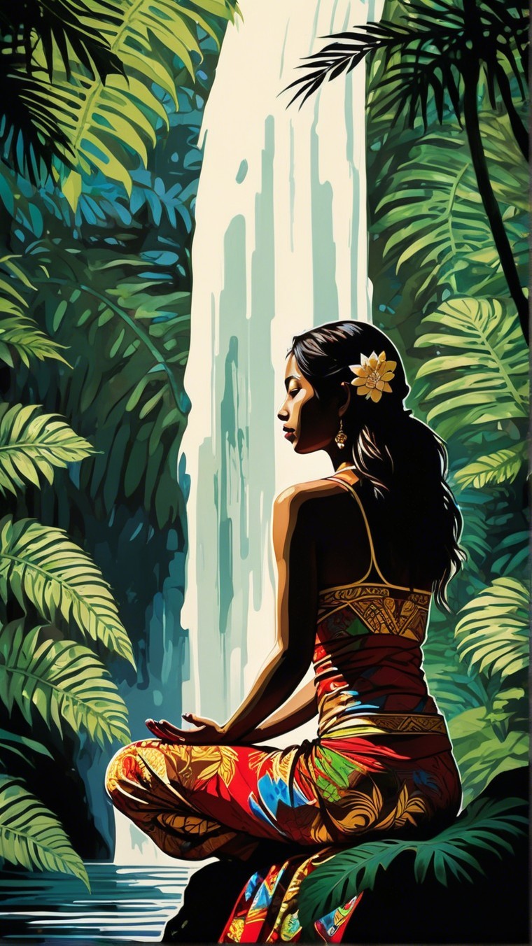 Woman by a waterfall in a lush tropical setting