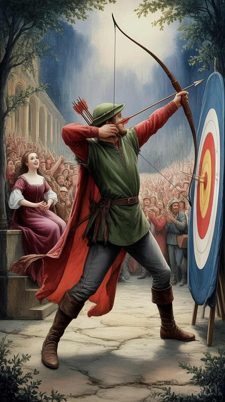 Medieval Archer Aiming at Colorful Target with Crowd