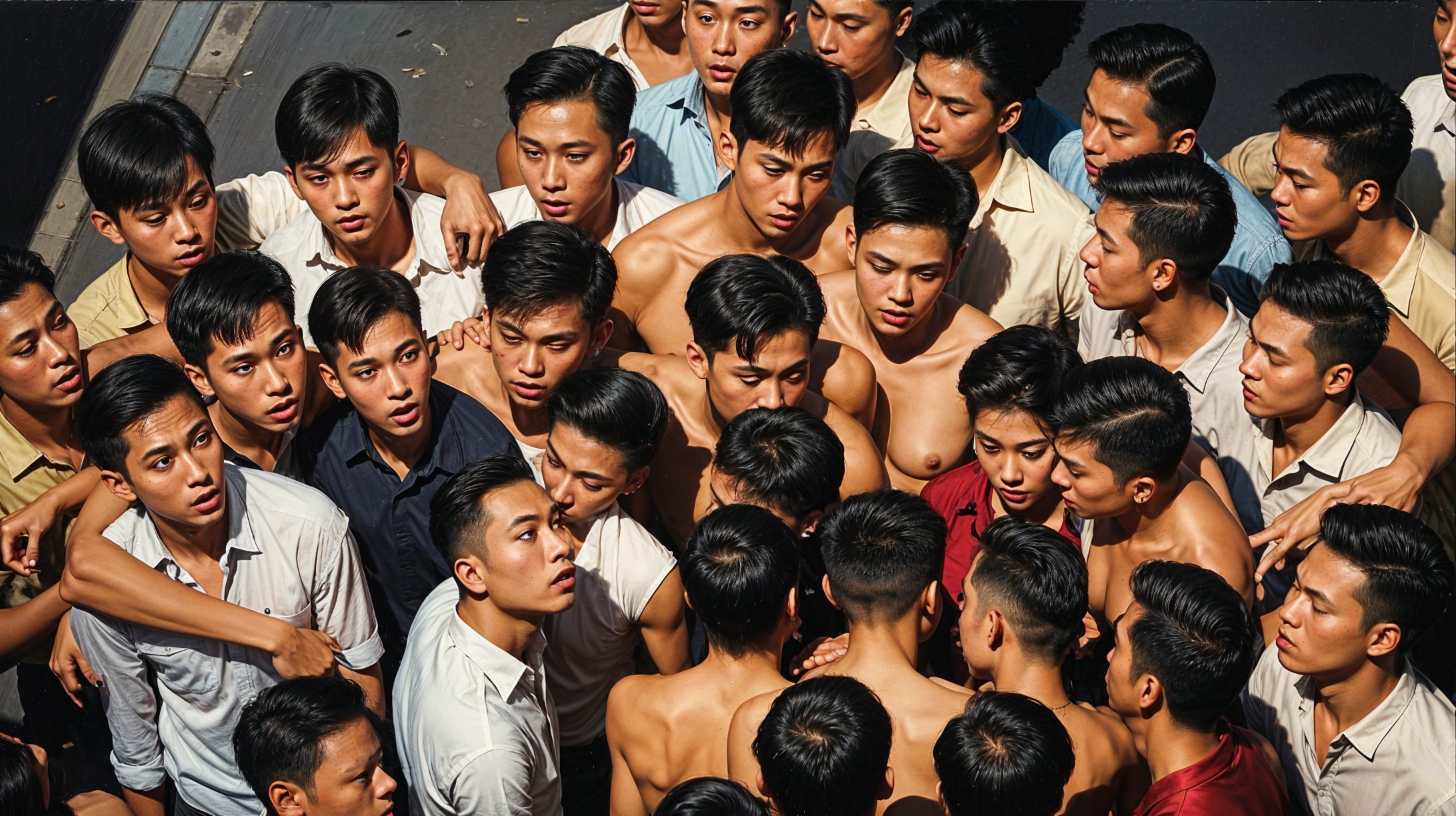 Overhead View of Young Vietnamese Men in a Crowd