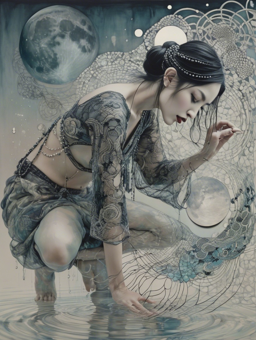 Serene Figure by Tranquil Waters with Celestial Elements