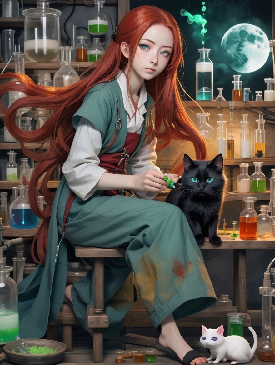 Young woman in green dress mixes potions in lab