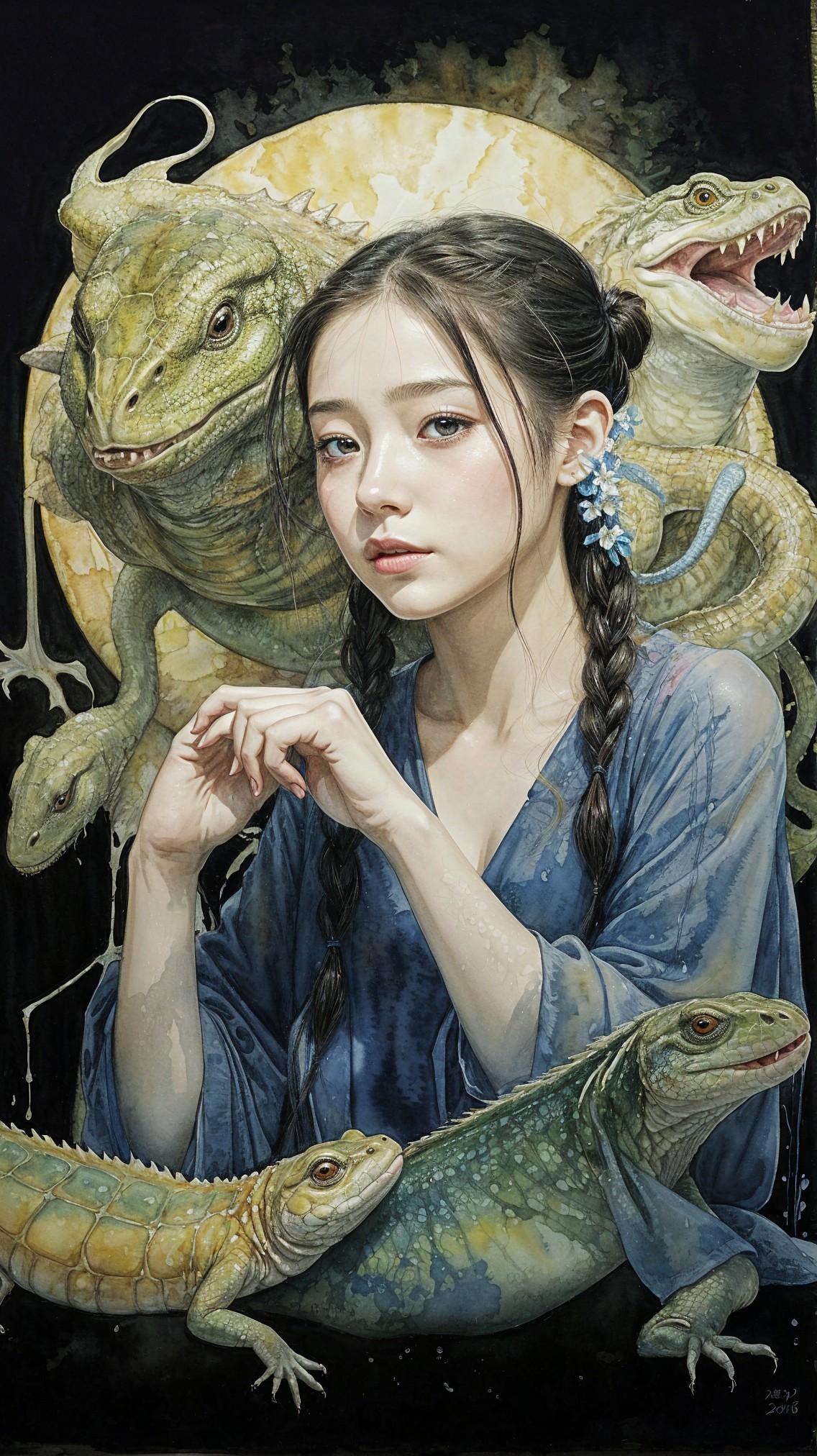 Youthful girl in blue with lizards and iguanas