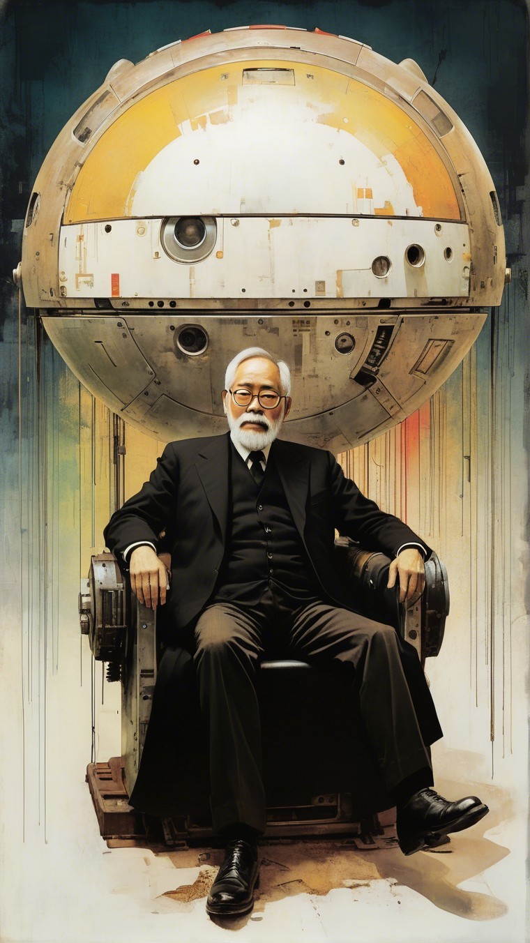 Elderly Man in Futuristic Chair with Spacecraft Background