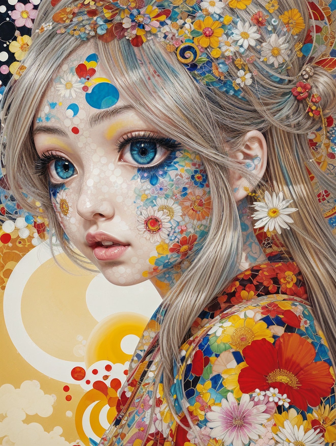 Stylized portrait of a young woman with floral patterns