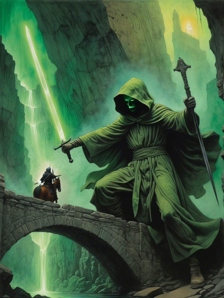 Cloaked Figure with Green Sword on Stone Bridge Scene