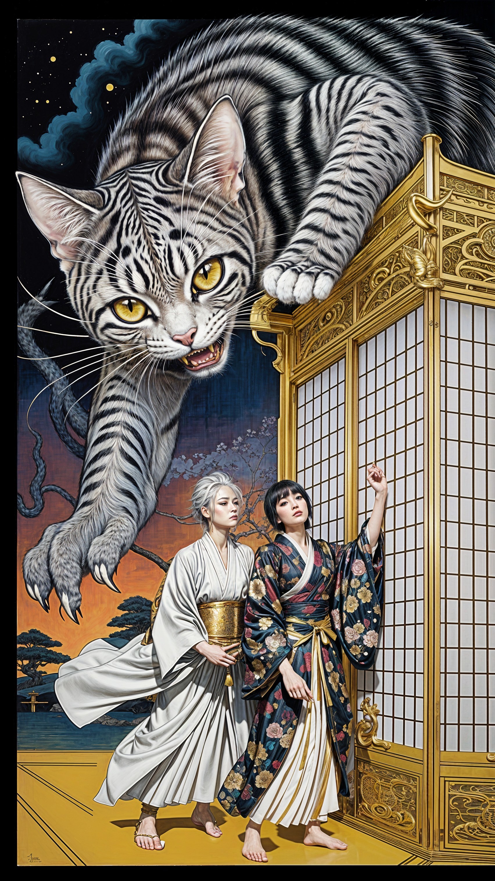 Elegant Figures in Traditional Attire with Fierce Cat