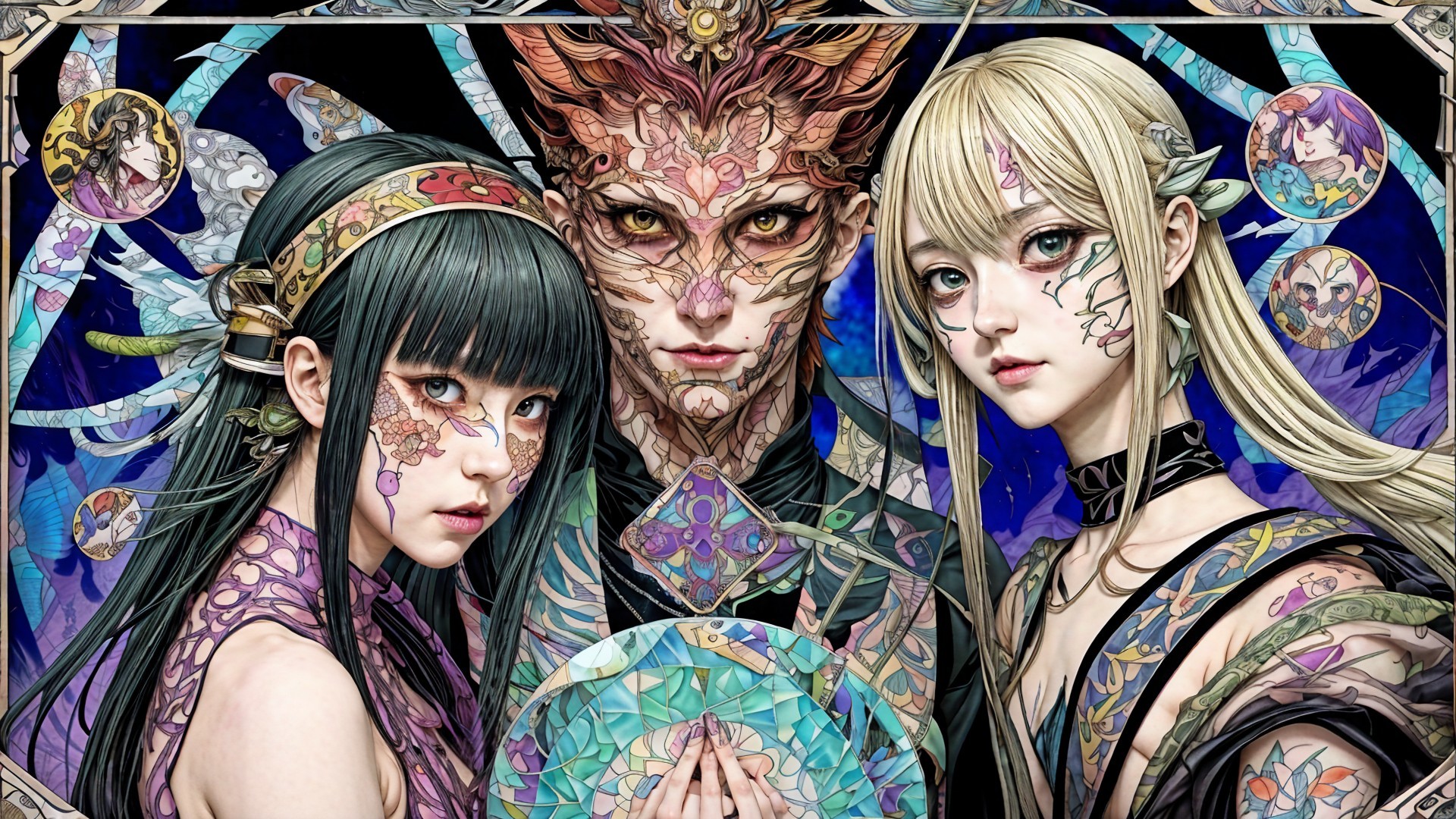Three Characters with Intricate Skin Designs and Patterns