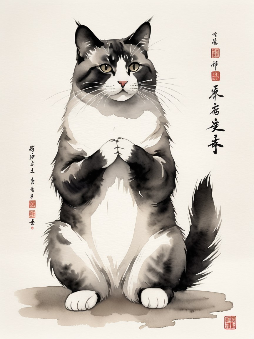 Stylized Majestic Cat with Asian Cultural Elements