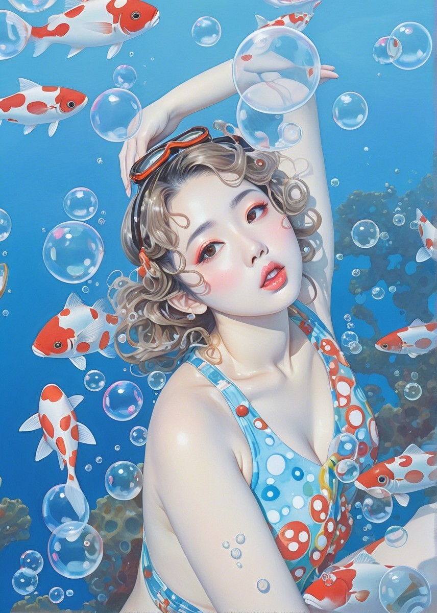 Underwater Scene of a Woman with Koi Fish