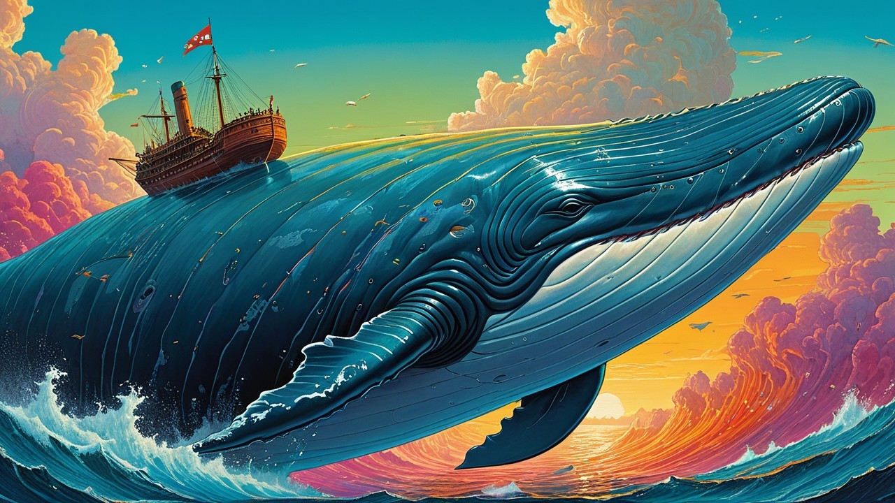 Majestic blue whale with ship in colorful sunset sky