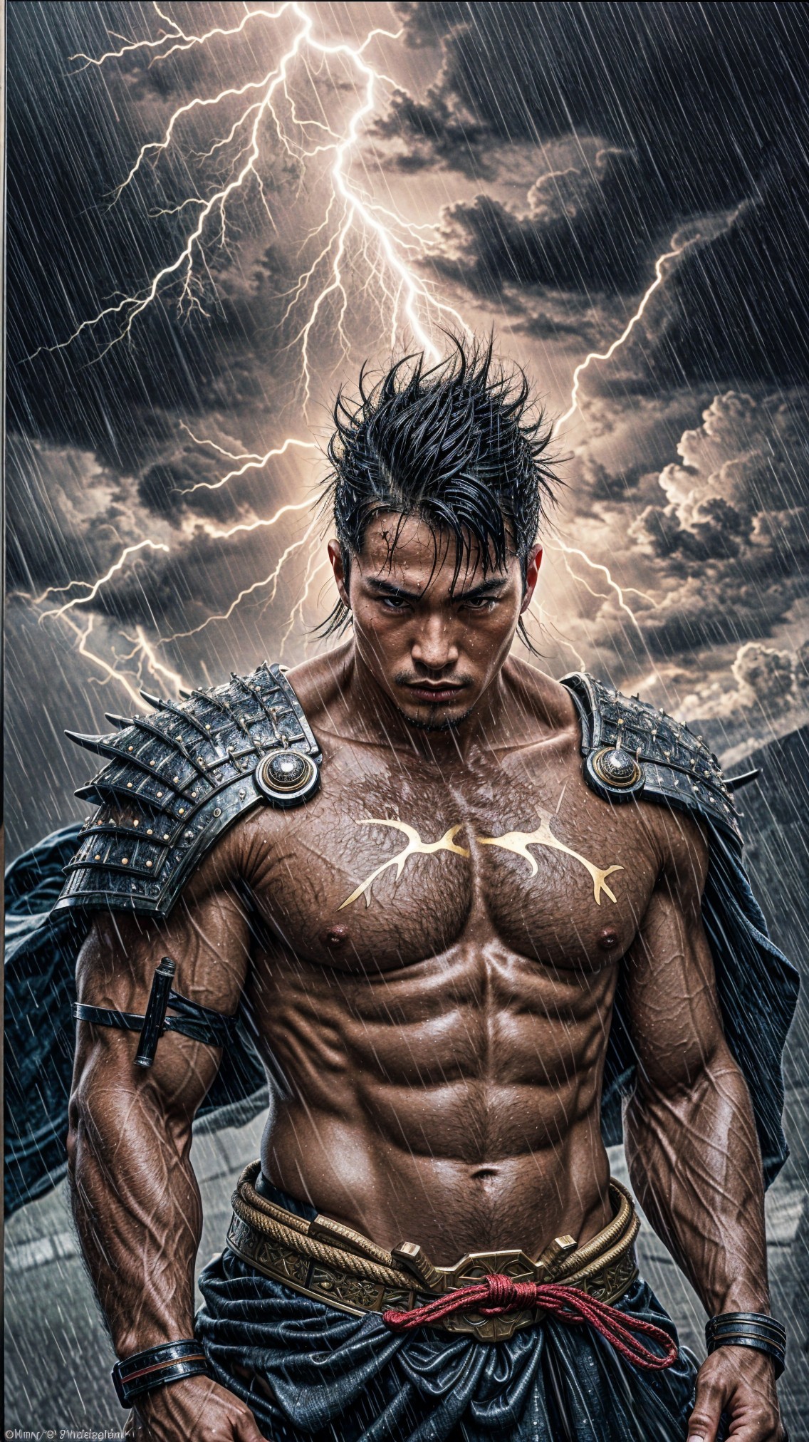 Muscular Warrior in Stormy Setting with Lightning