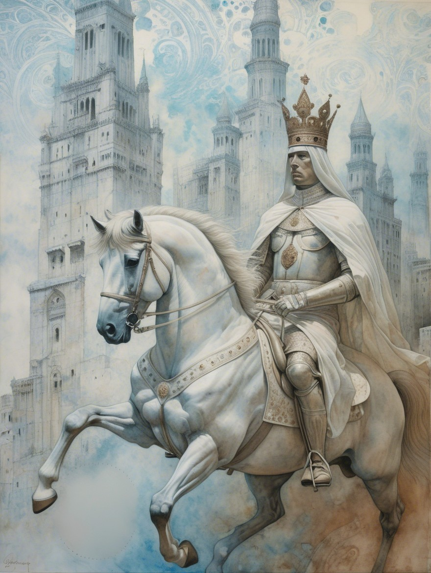 Knight in Armor on White Horse with Ethereal Towers