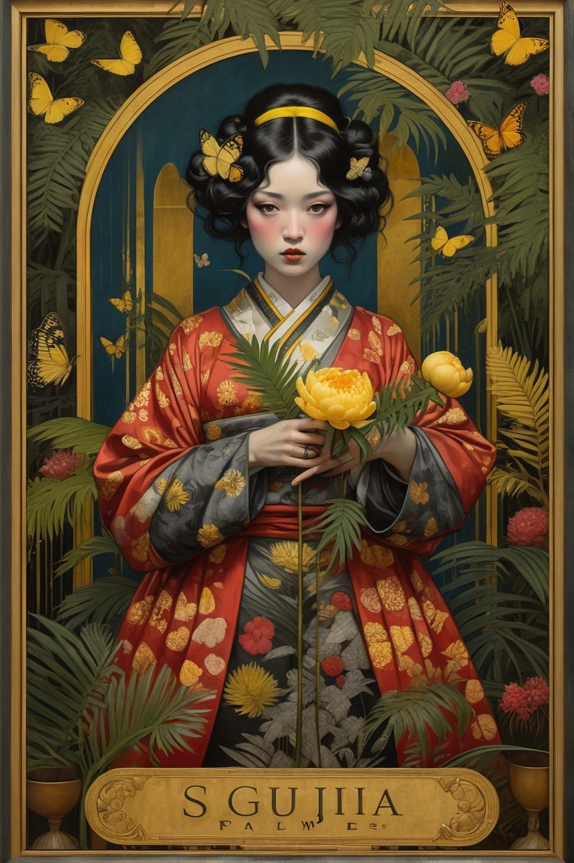 Portrait of a woman in a patterned kimono with flowers