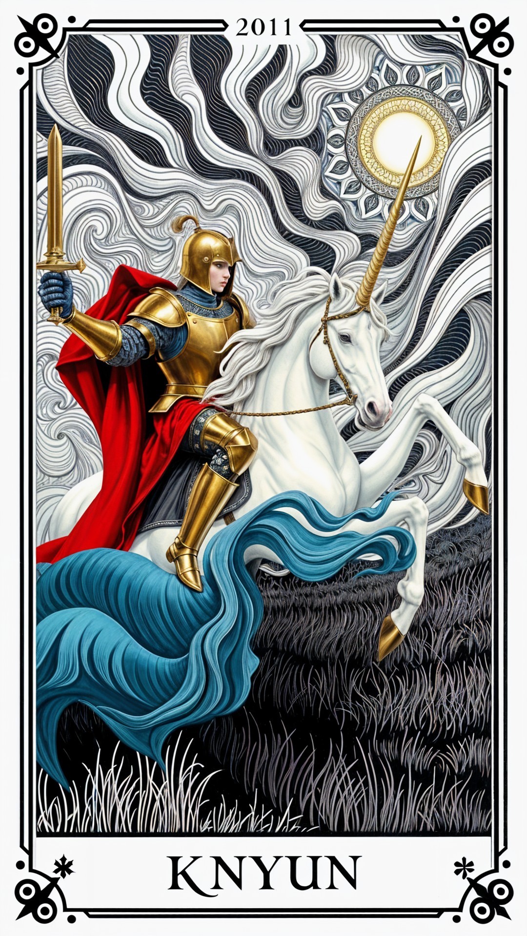 Knight on Unicorn in Gold Armor with Mystical Background