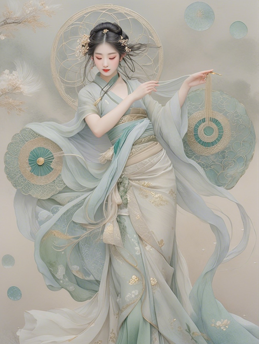 Ethereal Figure in Elegant Gown with Pastel Fans