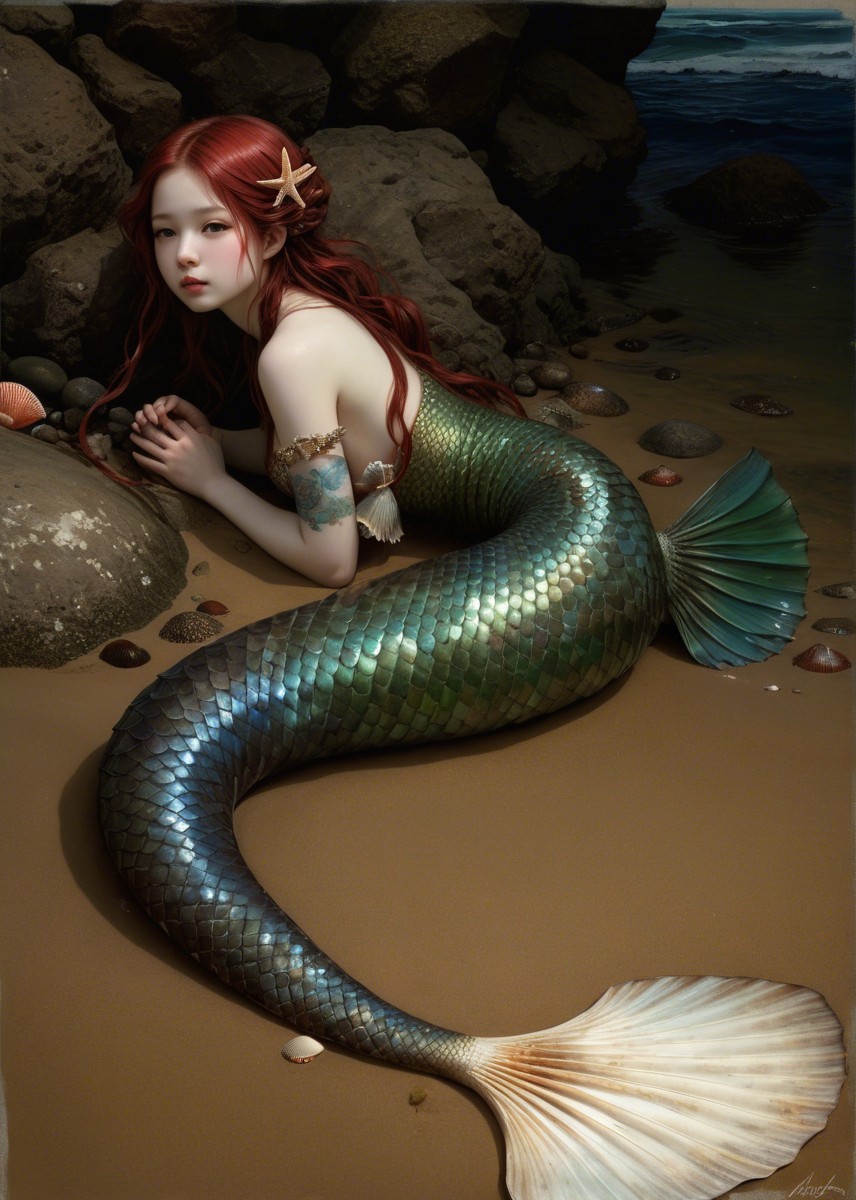 Mermaid on Beach with Red Hair and Shimmering Tail