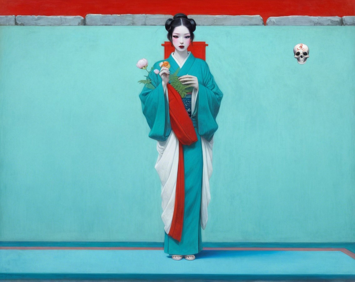 Traditional Kimono Figure Against Turquoise Background