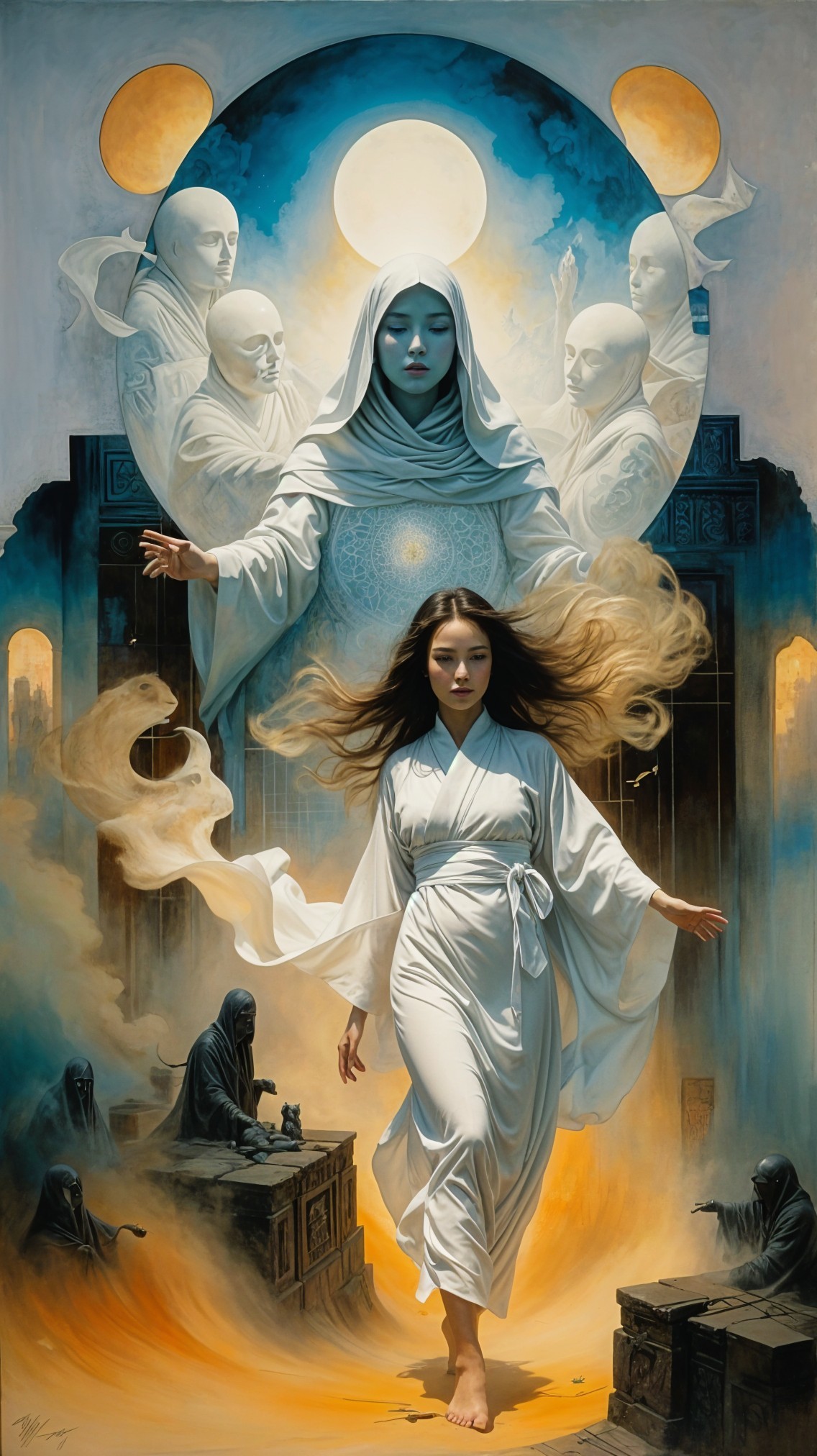 Serene Woman in White Amidst Ethereal Beings and Moonlight
