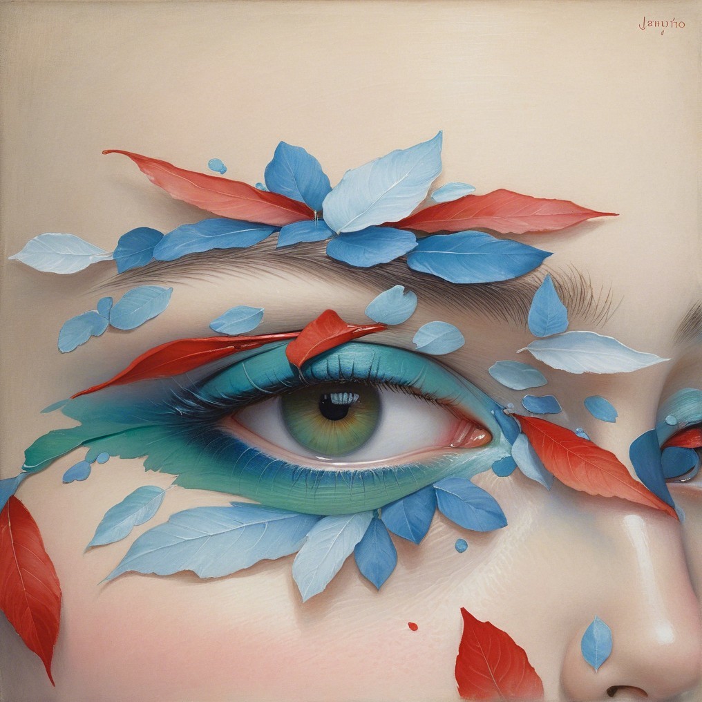 Close-Up of Woman's Face with Teal Eyeshadow and Leaves