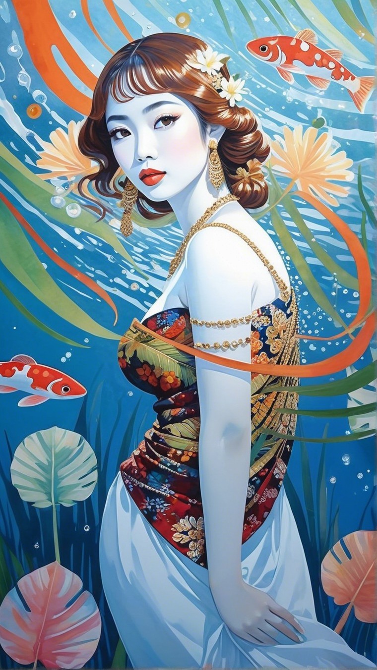 Underwater Scene with Woman and Colorful Marine Life