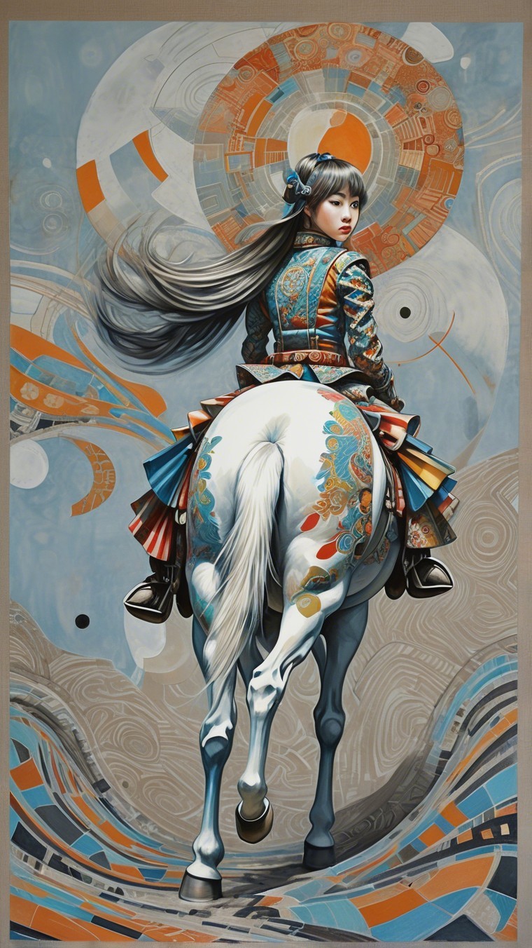 Young Woman on White Horse in Vibrant Artwork