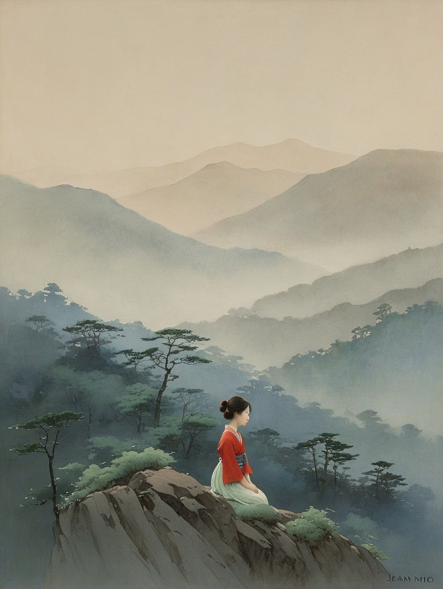 Serene Landscape with Woman on Rocky Outcrop