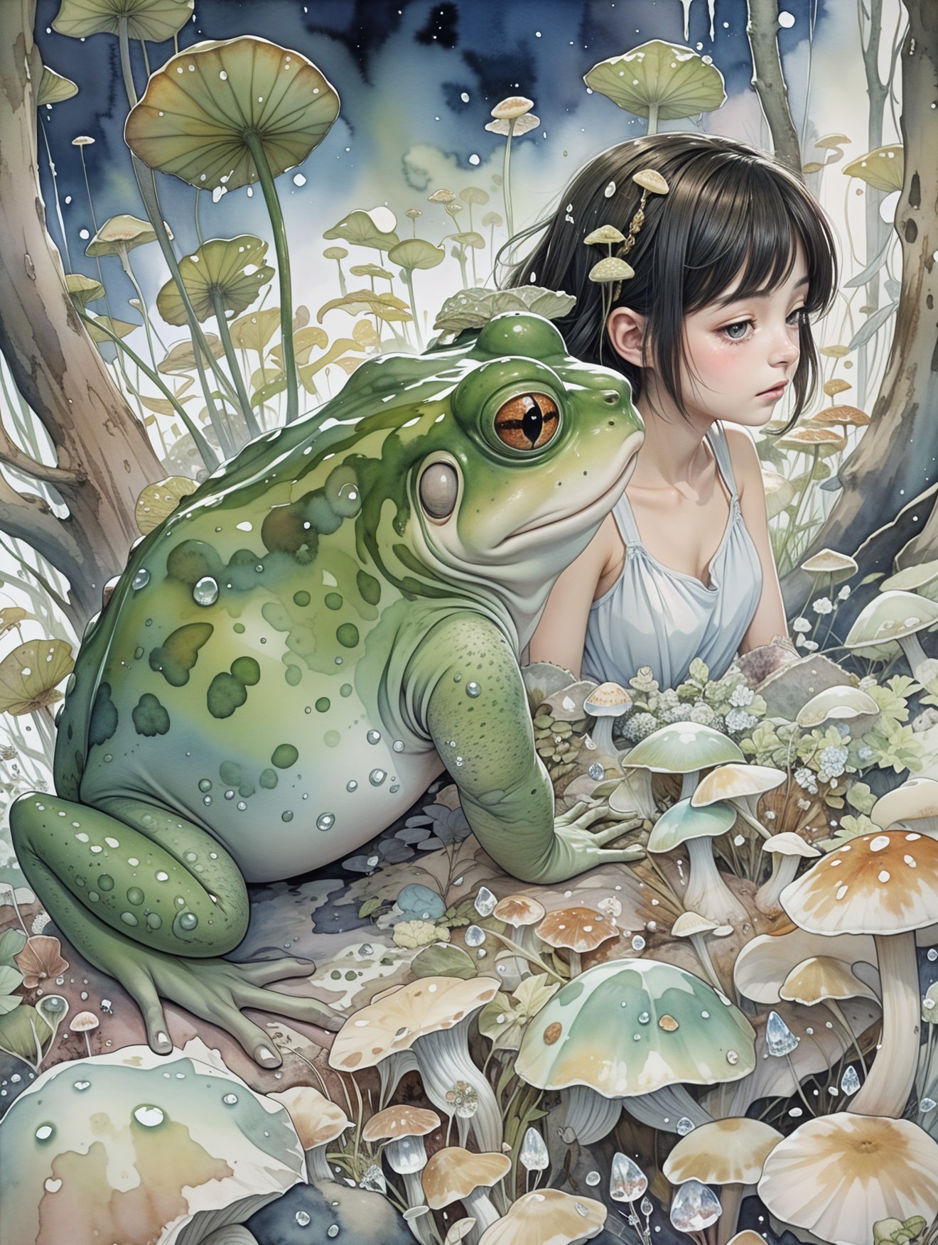 Mystical Forest Scene with Girl and Green Frog