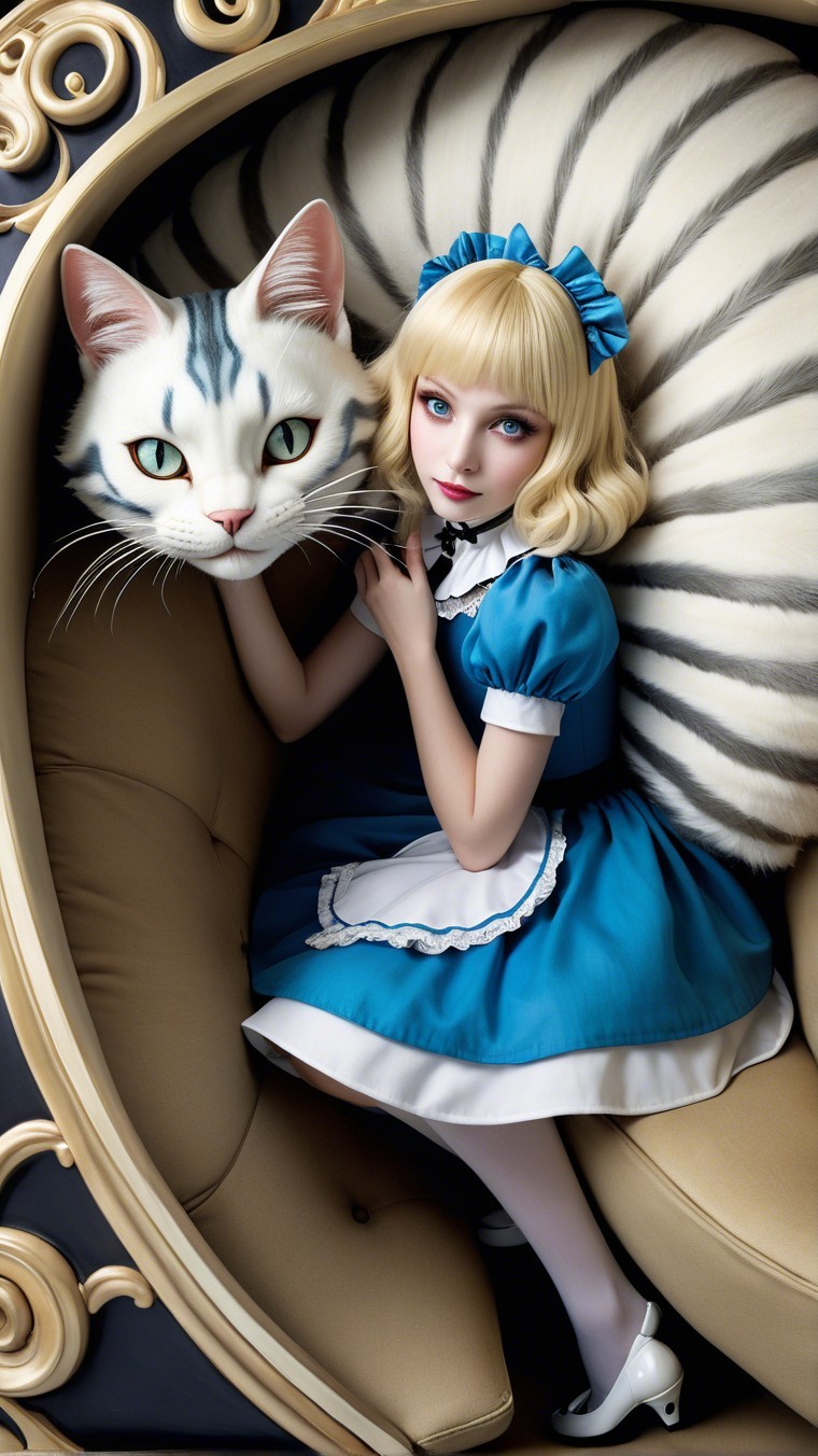 Whimsical Fairy Tale Scene with Girl and Cat Head