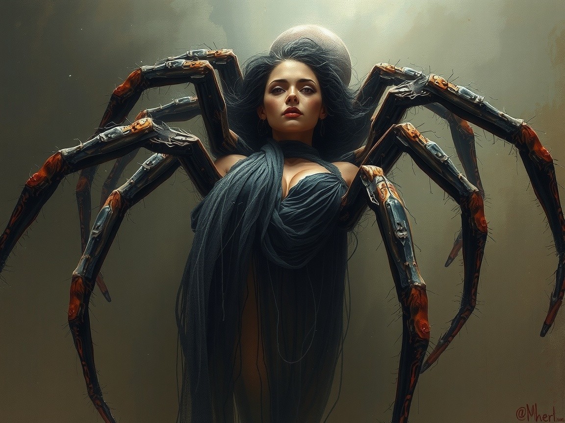 Human-Spider Hybrid with Mechanical Legs in Dark Setting