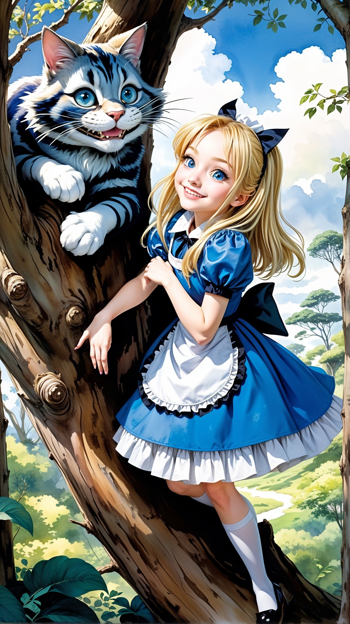 Cheerful girl and grinning cat in a whimsical tree scene