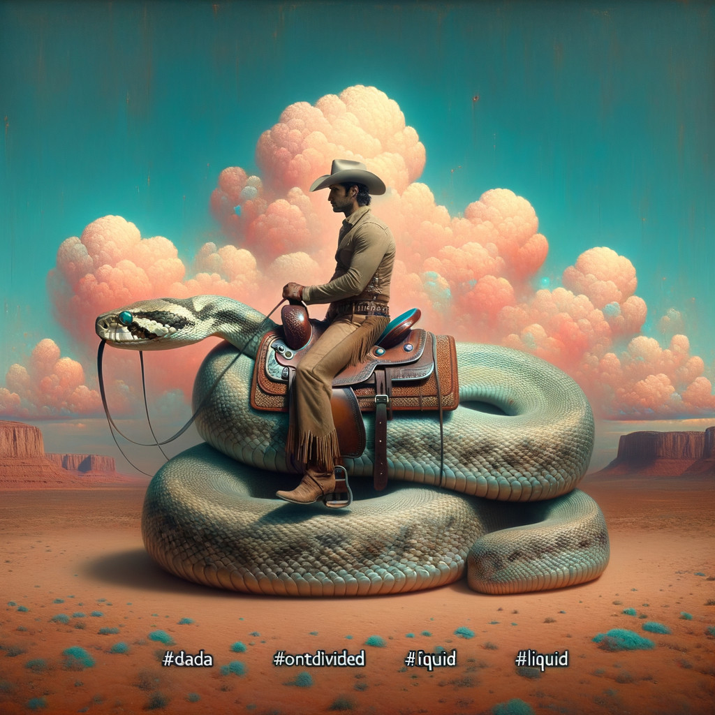 Cowboy on Colorful Snake in Surreal Desert Landscape