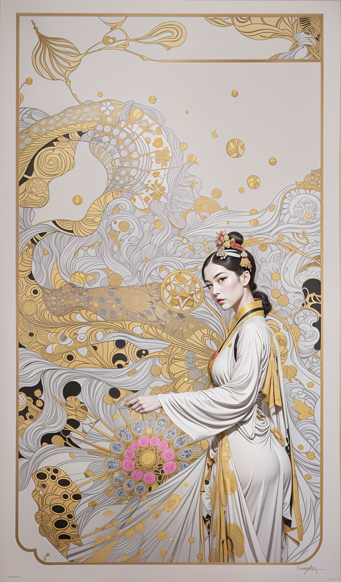 Traditional Female Figure in Ethereal Floral Artwork