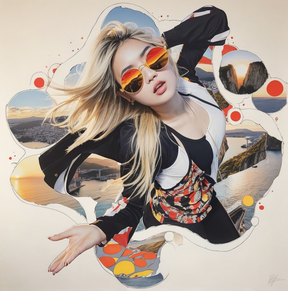 Fashionable Woman in Dynamic Pose with Artistic Backdrop