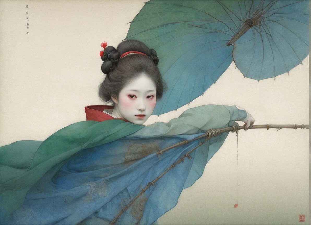 Young woman in traditional attire with blue parasol